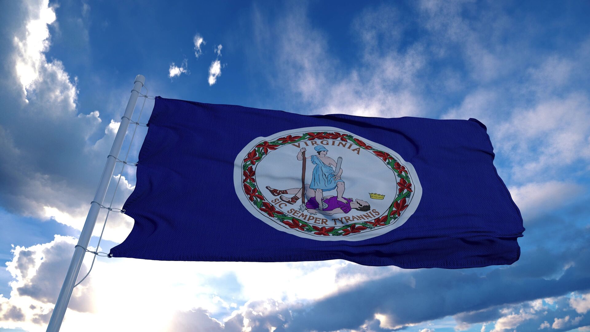 Virginia Flag On A Flagpole Waving In The Wind, Blue Sky Background. 3d Rendering